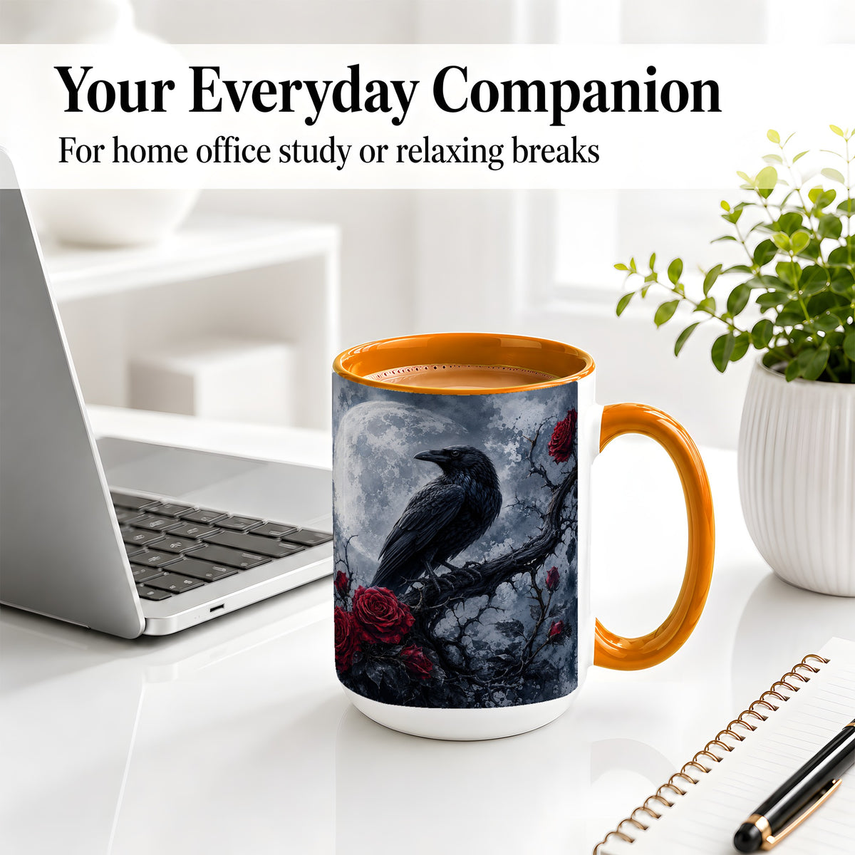 #pl[15oz|Orange] Gothic Raven Rose Ceramic Mug, Full Moon Floral Art for Raven Fans