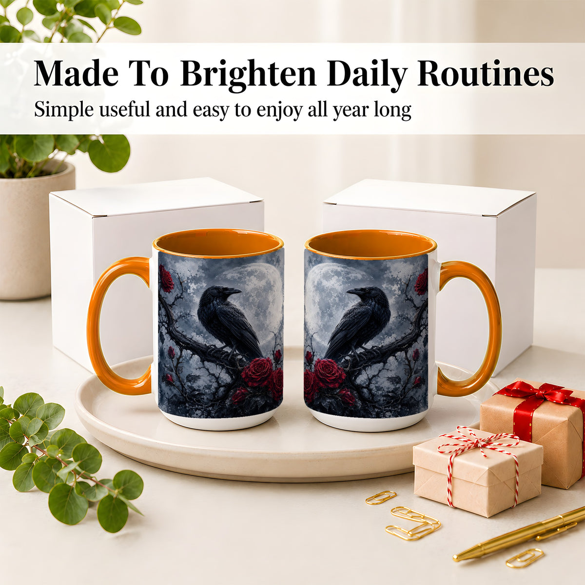 #pl[15oz|Orange] Gothic Raven Rose Ceramic Mug, Full Moon Floral Art for Raven Fans
