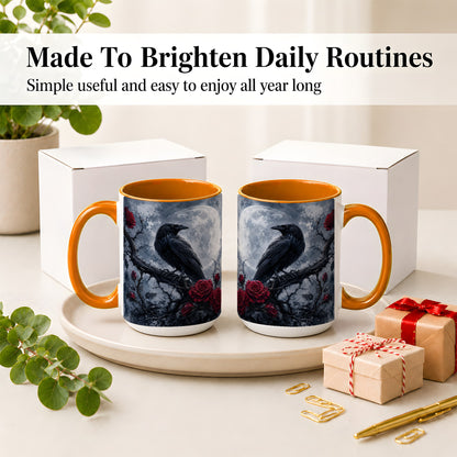 #pl[15oz|Orange] Gothic Raven Rose Ceramic Mug, Full Moon Floral Art for Raven Fans