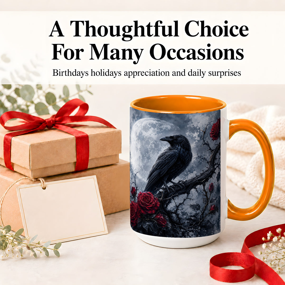 #pl[15oz|Orange] Gothic Raven Rose Ceramic Mug, Full Moon Floral Art for Raven Fans