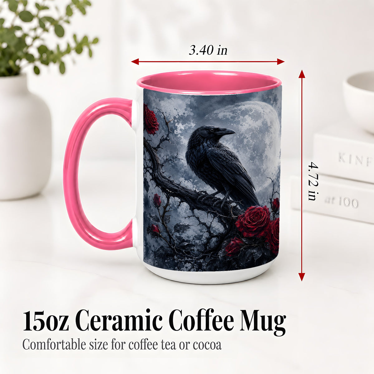 #pl[15oz|Pink] Gothic Raven Rose Ceramic Mug, Full Moon Floral Art for Raven Fans
