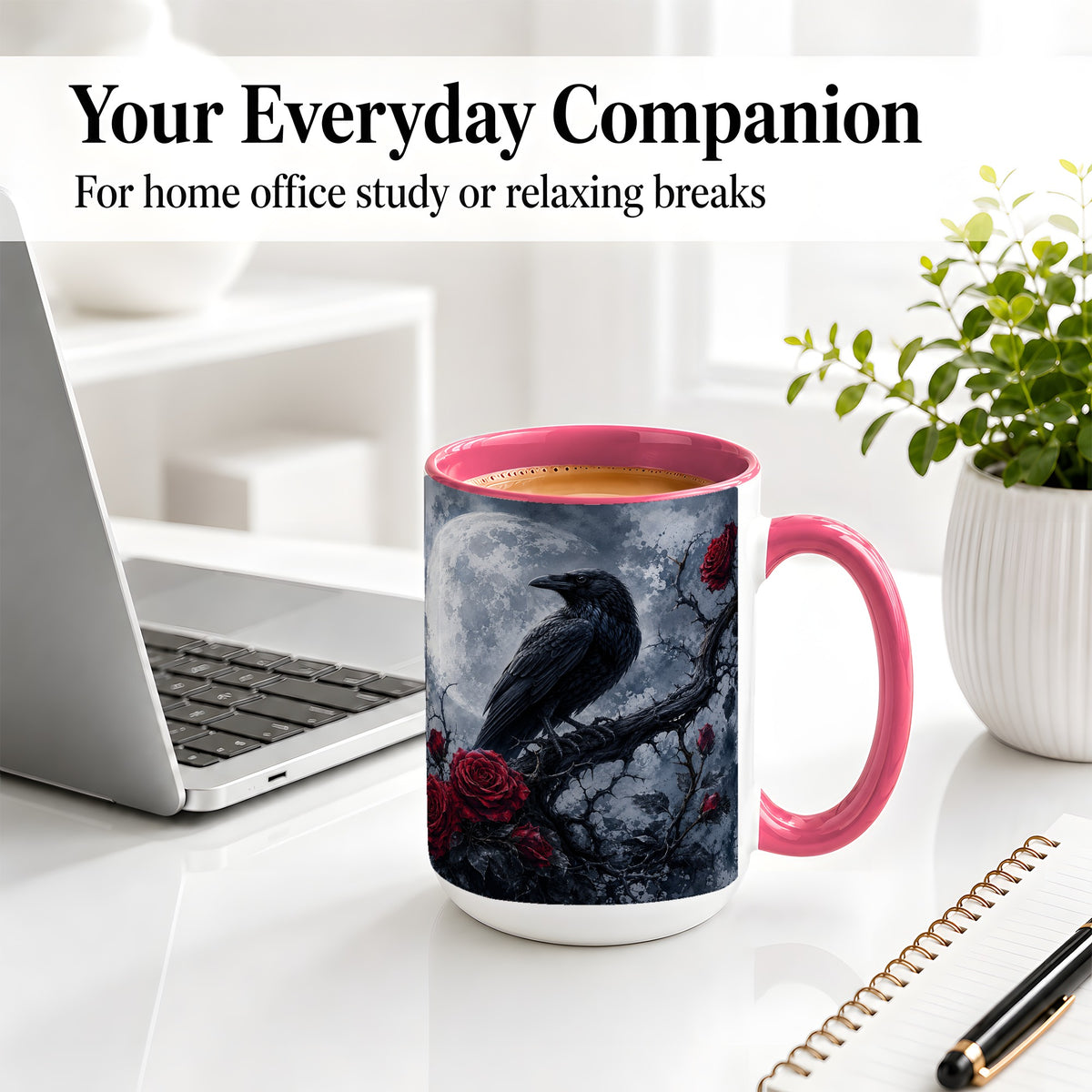 #pl[15oz|Pink] Gothic Raven Rose Ceramic Mug, Full Moon Floral Art for Raven Fans