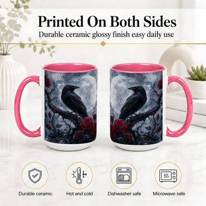 #pl[15oz|Pink] Gothic Raven Rose Ceramic Mug, Full Moon Floral Art for Raven Fans