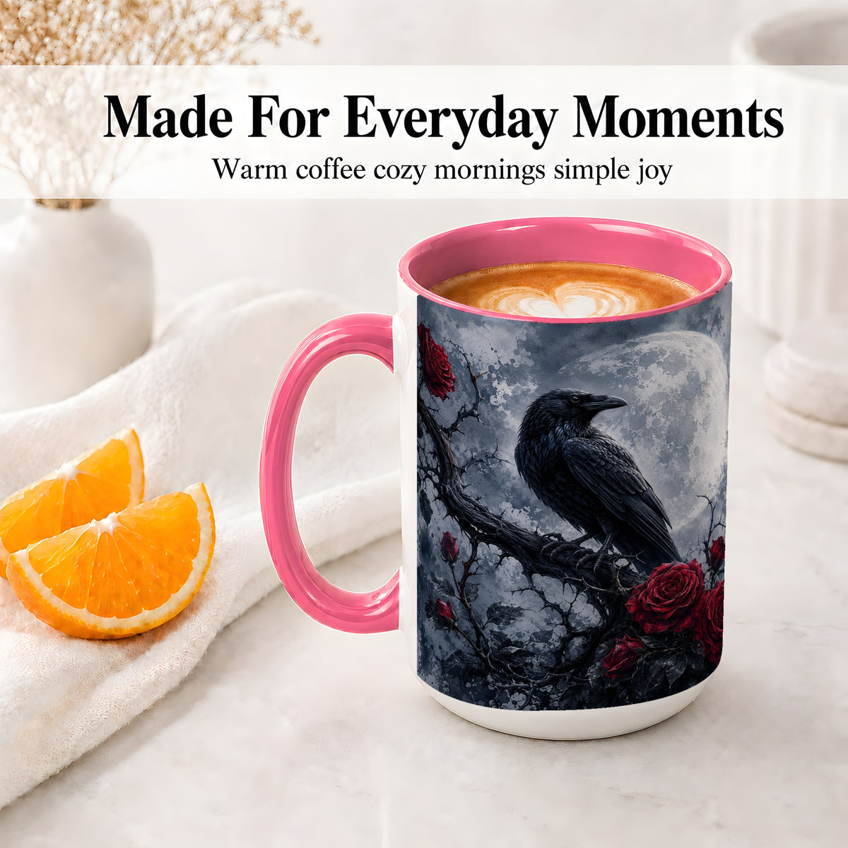#pl[15oz|Pink] Gothic Raven Rose Ceramic Mug, Full Moon Floral Art for Raven Fans