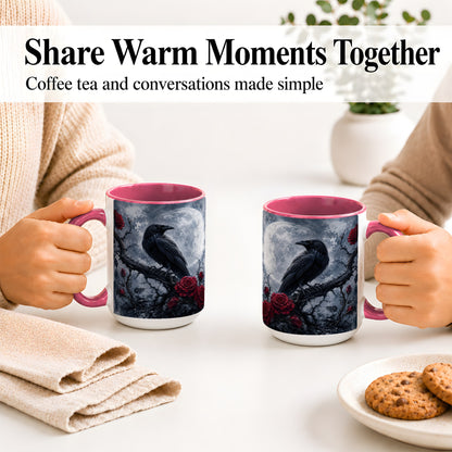 #pl[15oz|Pink] Gothic Raven Rose Ceramic Mug, Full Moon Floral Art for Raven Fans