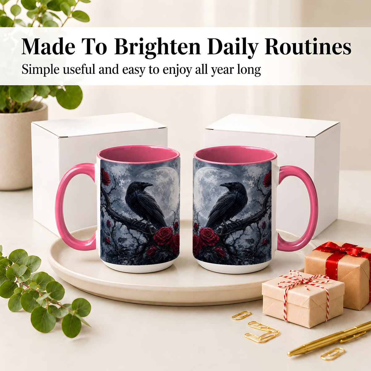 #pl[15oz|Pink] Gothic Raven Rose Ceramic Mug, Full Moon Floral Art for Raven Fans