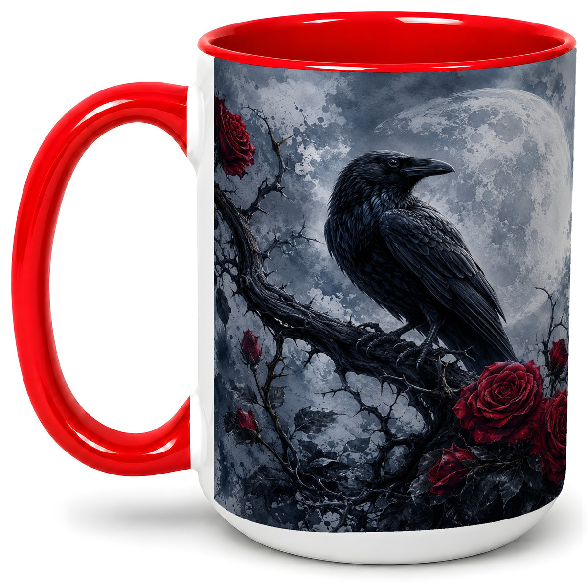 #pl[15oz|Red] Gothic Raven Rose Ceramic Mug, Full Moon Floral Art for Raven Fans