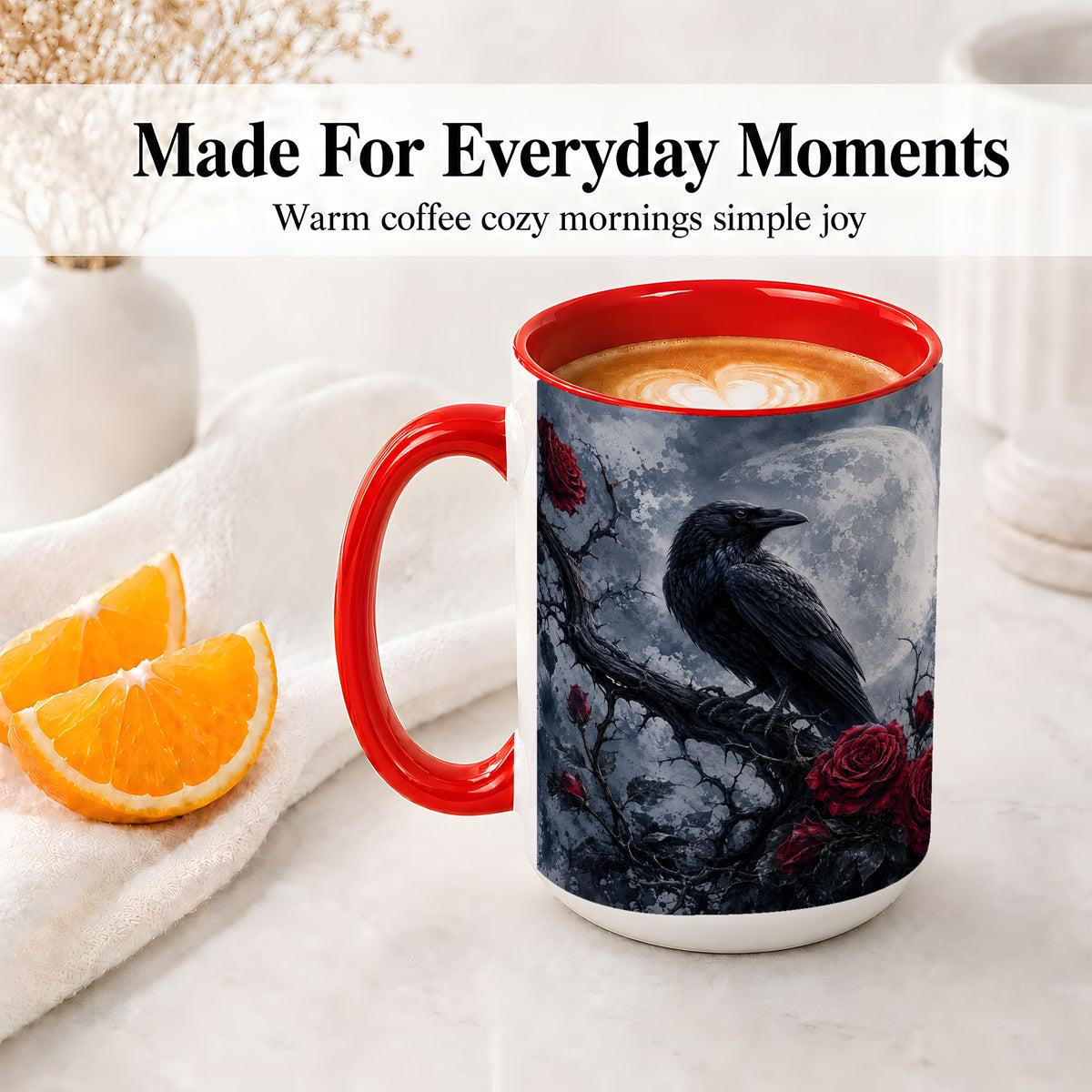 #pl[15oz|Red] Gothic Raven Rose Ceramic Mug, Full Moon Floral Art for Raven Fans