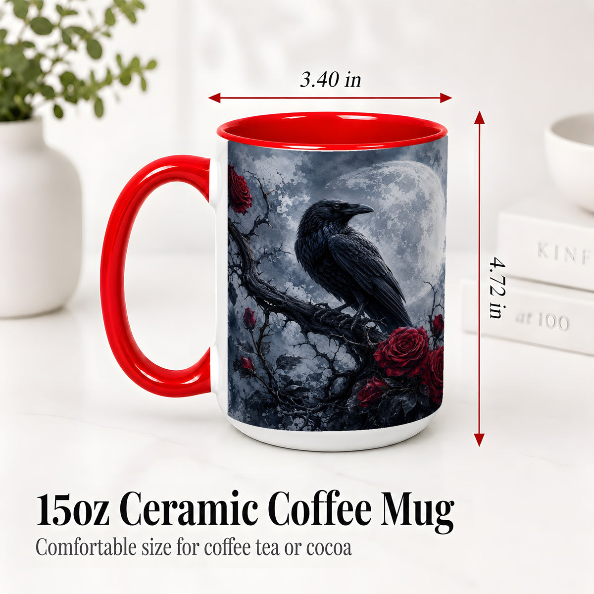 #pl[15oz|Red] Gothic Raven Rose Ceramic Mug, Full Moon Floral Art for Raven Fans