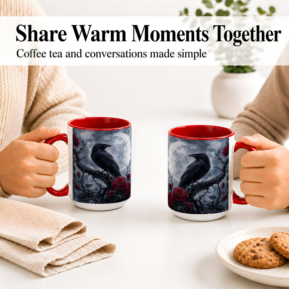 #pl[15oz|Red] Gothic Raven Rose Ceramic Mug, Full Moon Floral Art for Raven Fans