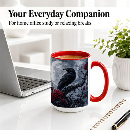 #pl[15oz|Red] Gothic Raven Rose Ceramic Mug, Full Moon Floral Art for Raven Fans