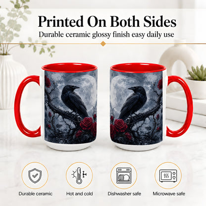 #pl[15oz|Red] Gothic Raven Rose Ceramic Mug, Full Moon Floral Art for Raven Fans