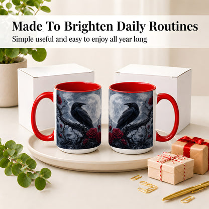 #pl[15oz|Red] Gothic Raven Rose Ceramic Mug, Full Moon Floral Art for Raven Fans