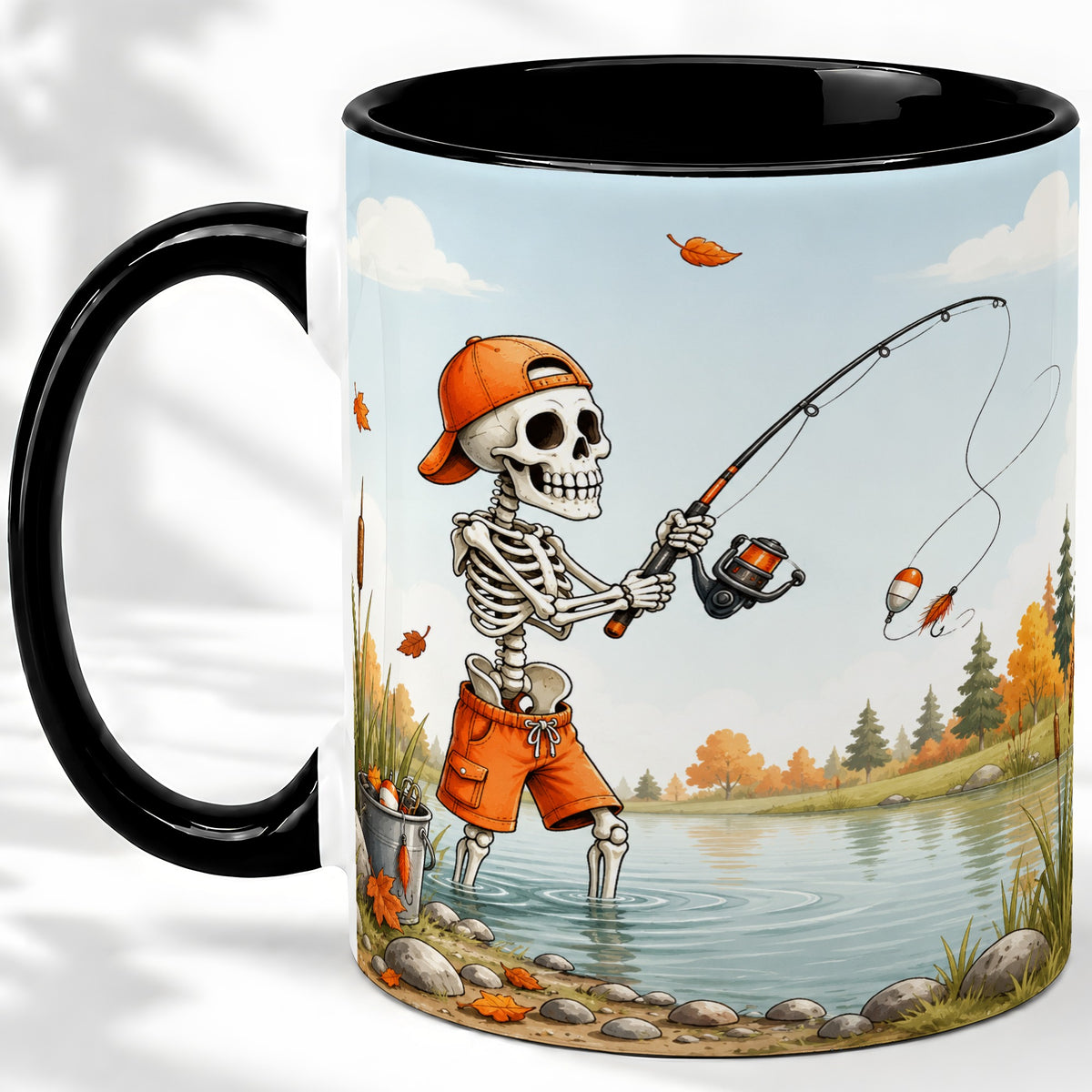 #pl[11oz|Black] Skeleton Fishing Ceramic Mug, Autumn Lake Art for Fishing Fans