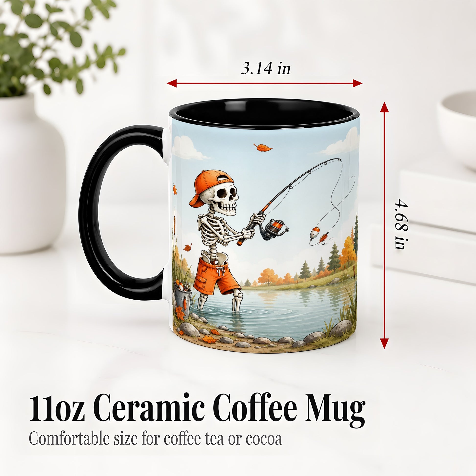 #pl[11oz|Black] Skeleton Fishing Ceramic Mug, Autumn Lake Art for Fishing Fans