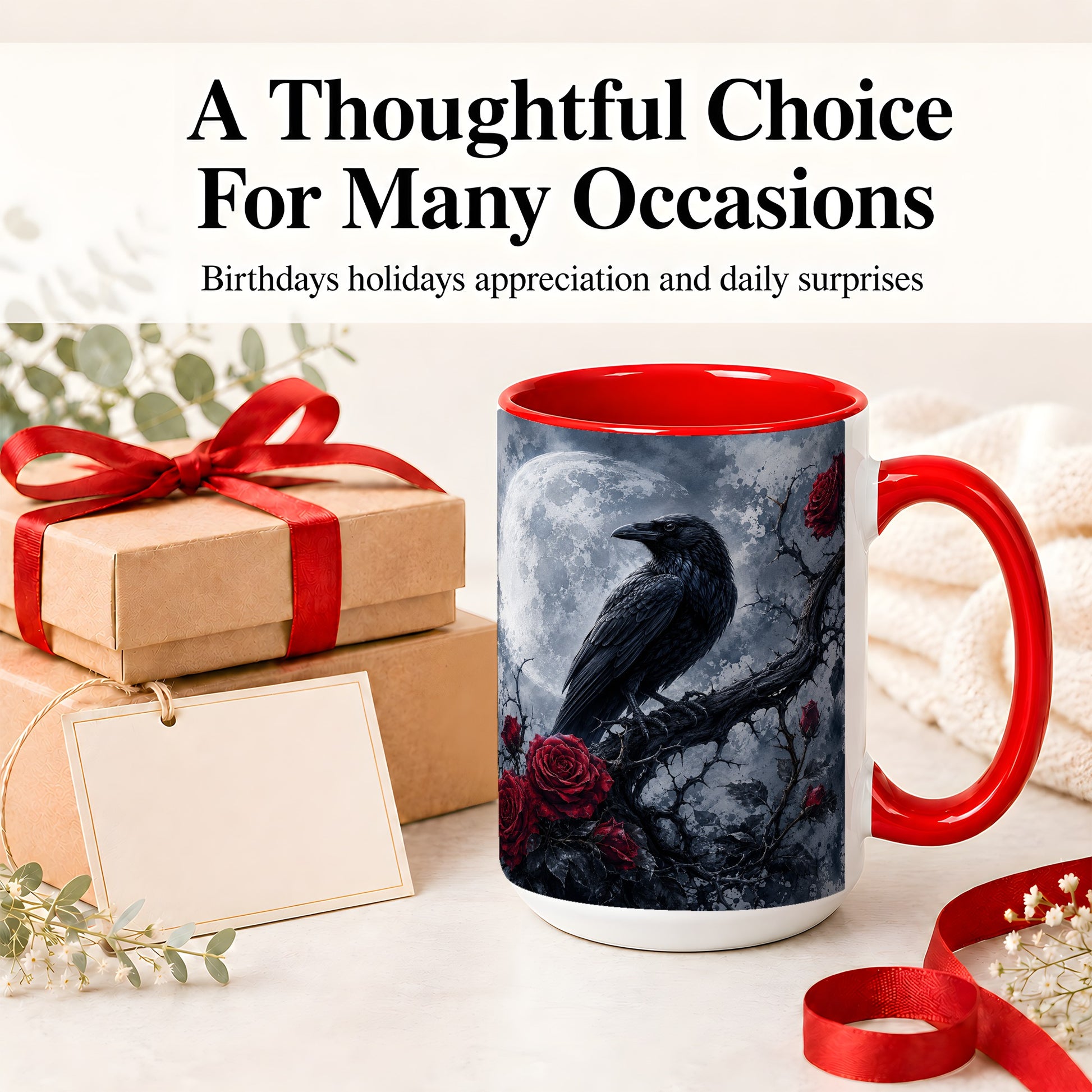 #pl[15oz|Red] Gothic Raven Rose Ceramic Mug, Full Moon Floral Art for Raven Fans