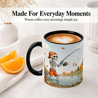 #pl[11oz|Black] Skeleton Fishing Ceramic Mug, Autumn Lake Art for Fishing Fans