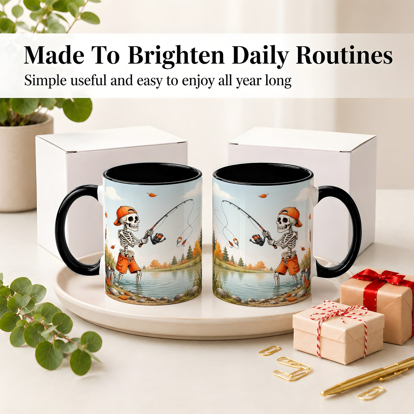 #pl[11oz|Black] Skeleton Fishing Ceramic Mug, Autumn Lake Art for Fishing Fans