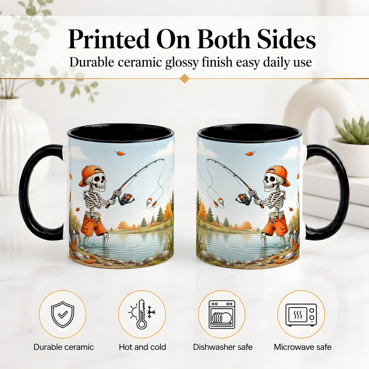 #pl[11oz|Black] Skeleton Fishing Ceramic Mug, Autumn Lake Art for Fishing Fans