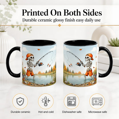 #pl[11oz|Black] Skeleton Fishing Ceramic Mug, Autumn Lake Art for Fishing Fans
