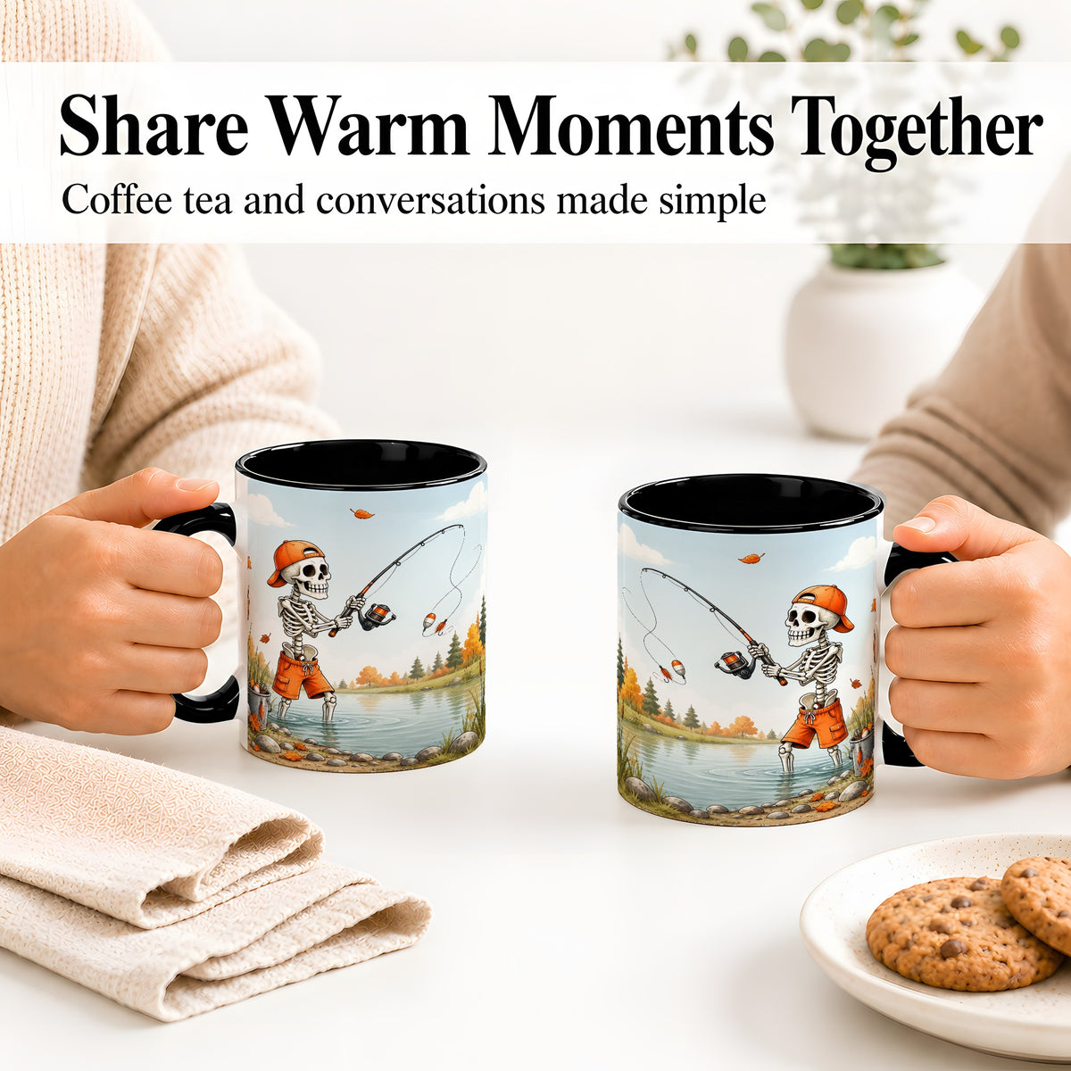 #pl[11oz|Black] Skeleton Fishing Ceramic Mug, Autumn Lake Art for Fishing Fans