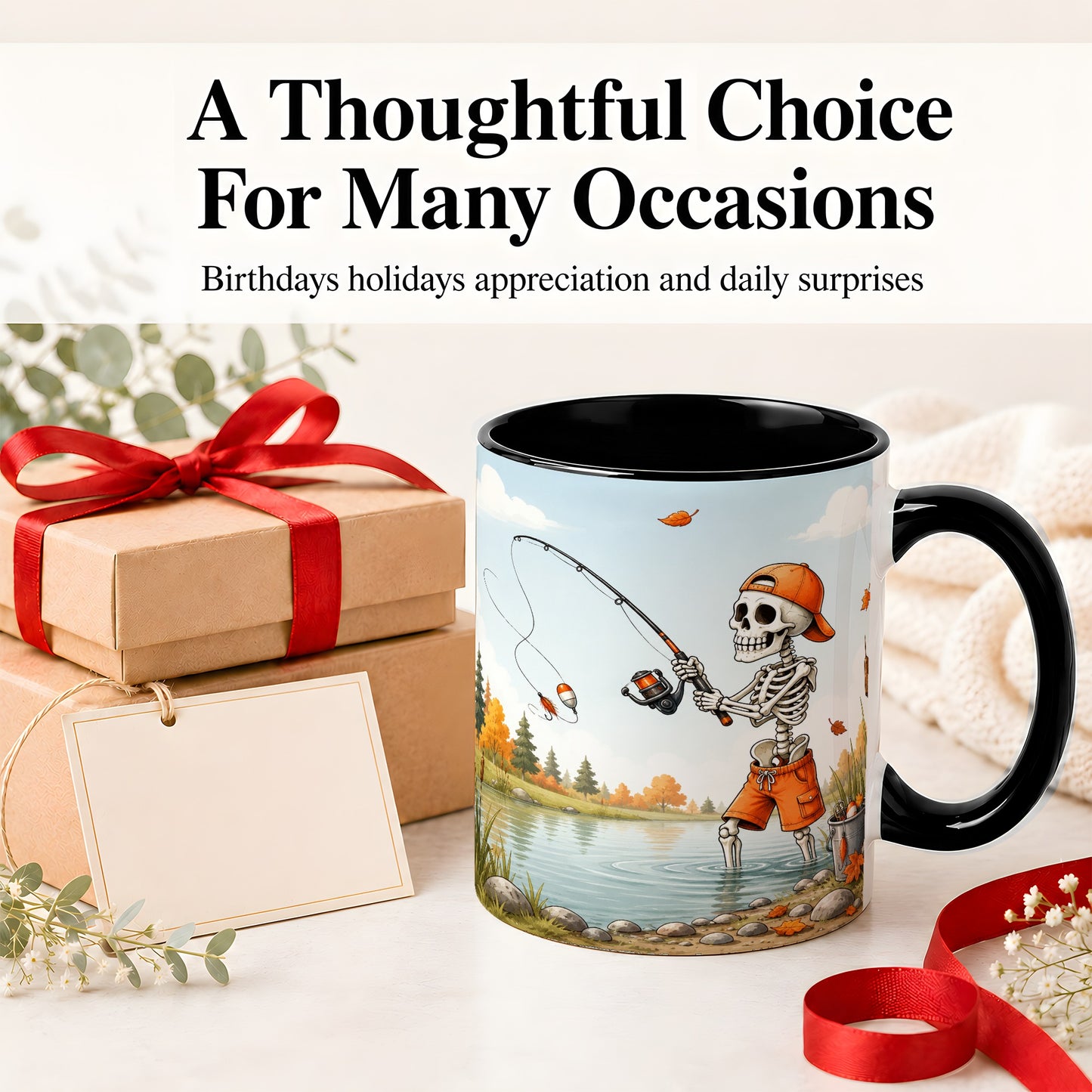#pl[11oz|Black] Skeleton Fishing Ceramic Mug, Autumn Lake Art for Fishing Fans