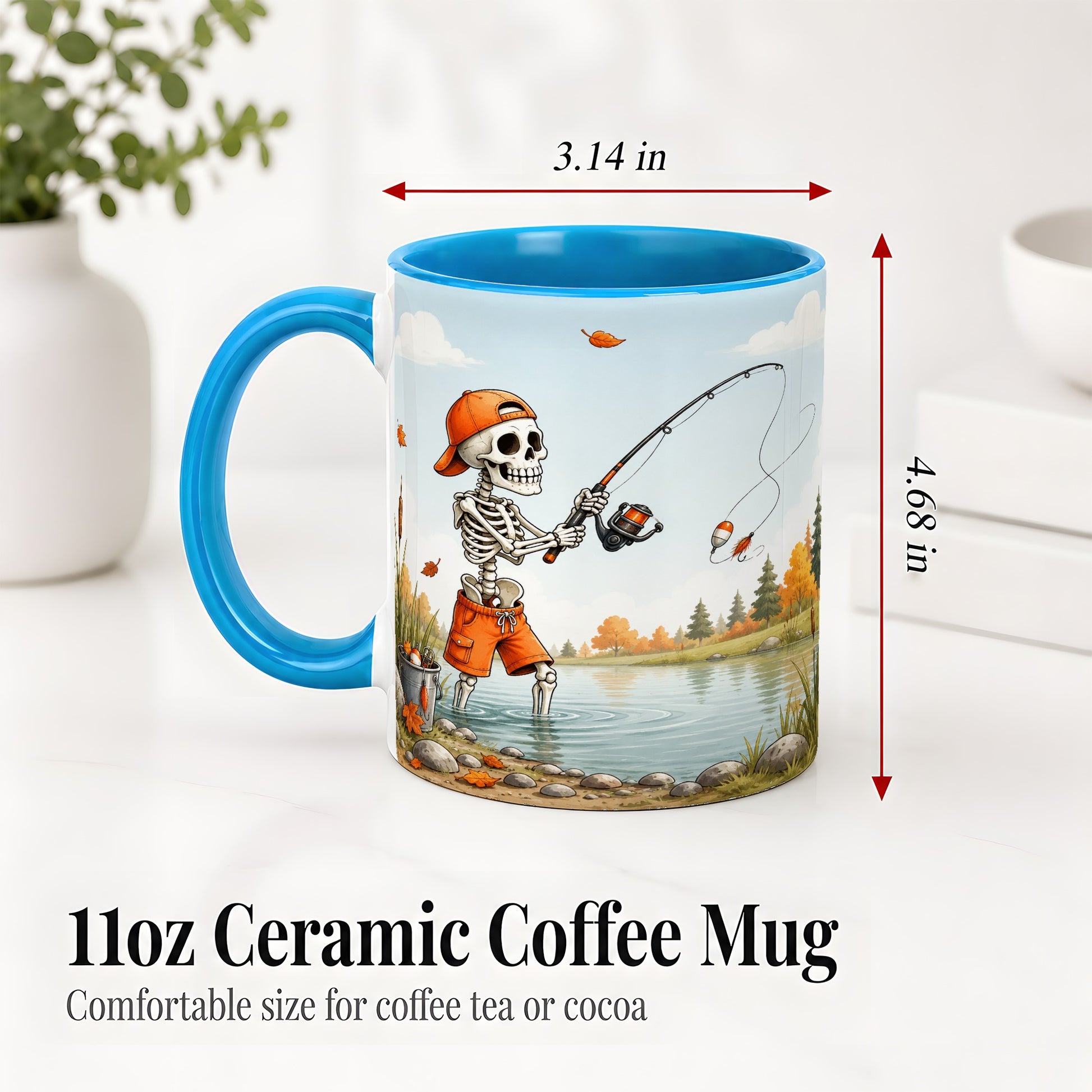 #pl[11oz|Blue] Skeleton Fishing Ceramic Mug, Autumn Lake Art for Fishing Fans