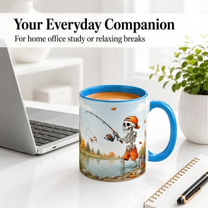 #pl[11oz|Blue] Skeleton Fishing Ceramic Mug, Autumn Lake Art for Fishing Fans