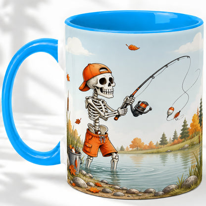 #pl[11oz|Blue] Skeleton Fishing Ceramic Mug, Autumn Lake Art for Fishing Fans