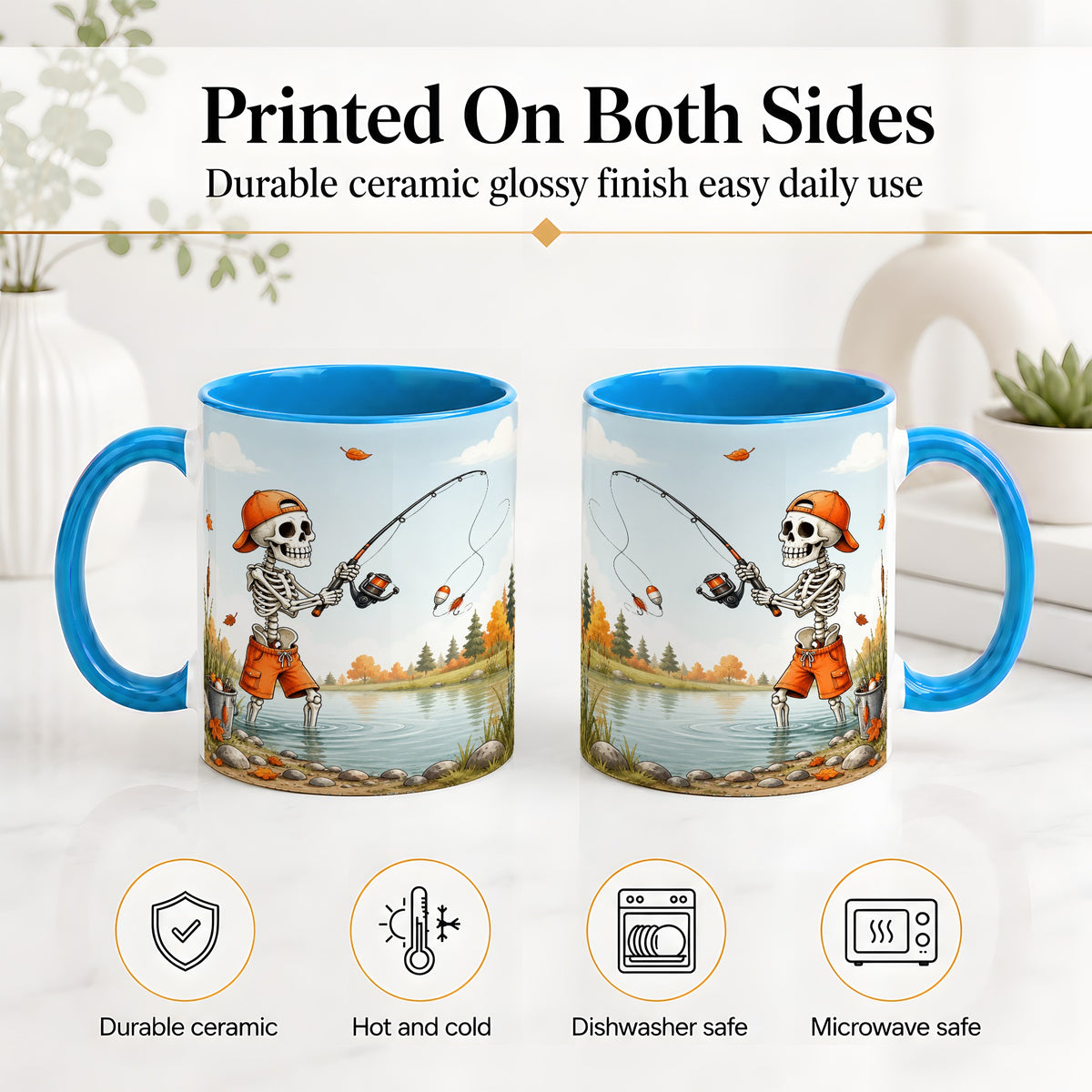 #pl[11oz|Blue] Skeleton Fishing Ceramic Mug, Autumn Lake Art for Fishing Fans