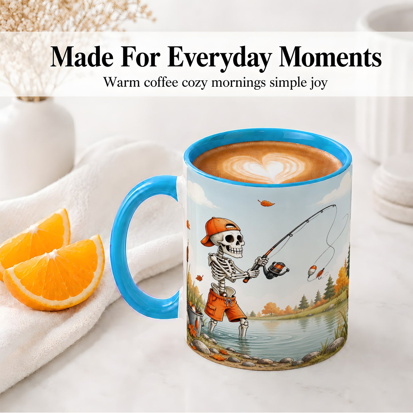 #pl[11oz|Blue] Skeleton Fishing Ceramic Mug, Autumn Lake Art for Fishing Fans