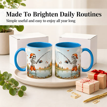 #pl[11oz|Blue] Skeleton Fishing Ceramic Mug, Autumn Lake Art for Fishing Fans
