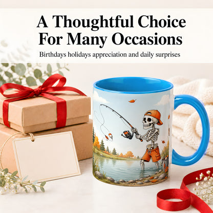 #pl[11oz|Blue] Skeleton Fishing Ceramic Mug, Autumn Lake Art for Fishing Fans