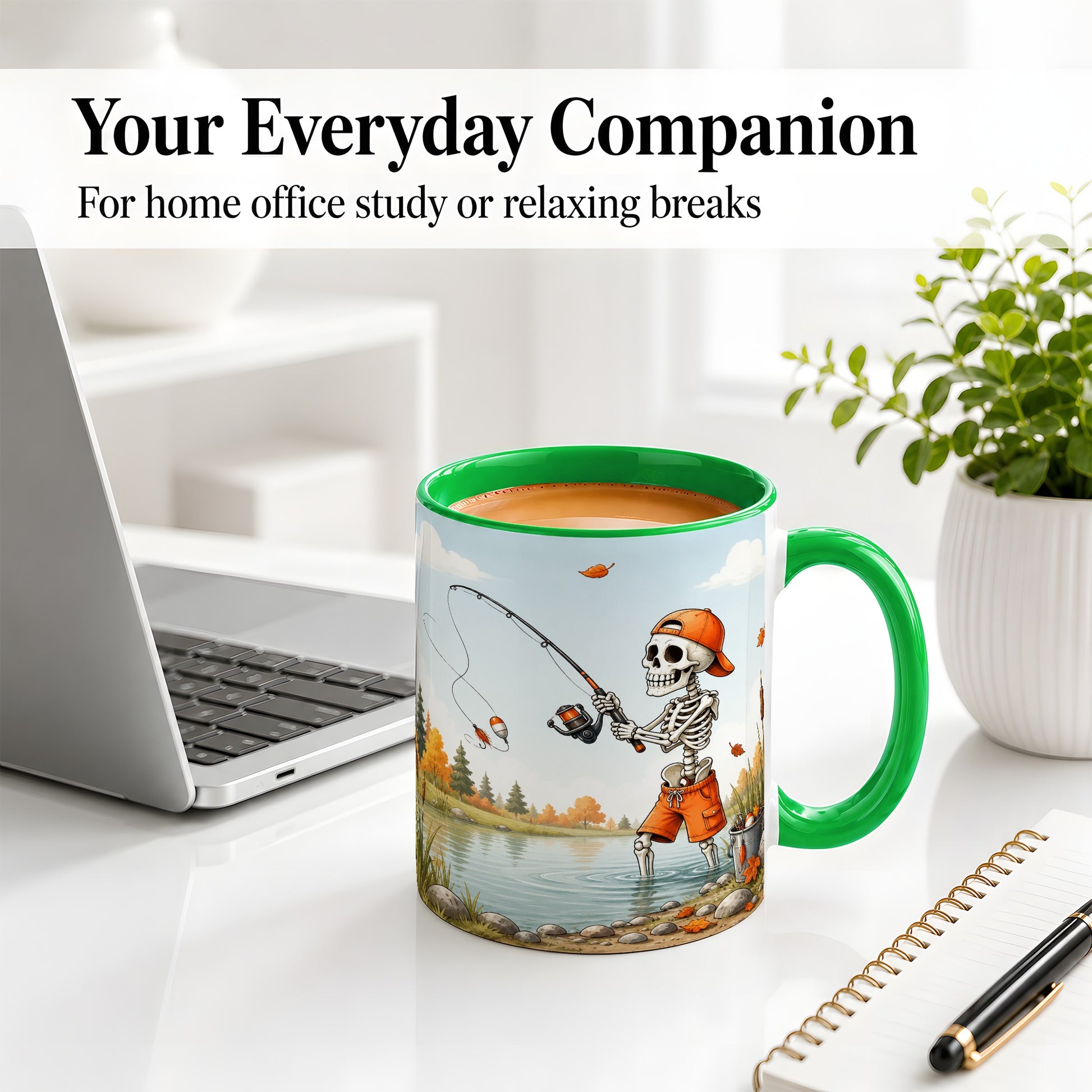 #pl[11oz|Green] Skeleton Fishing Ceramic Mug, Autumn Lake Art for Fishing Fans
