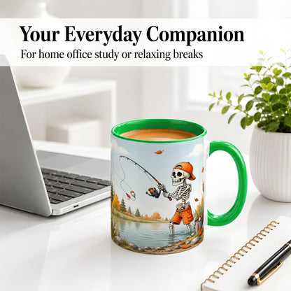 #pl[11oz|Green] Skeleton Fishing Ceramic Mug, Autumn Lake Art for Fishing Fans