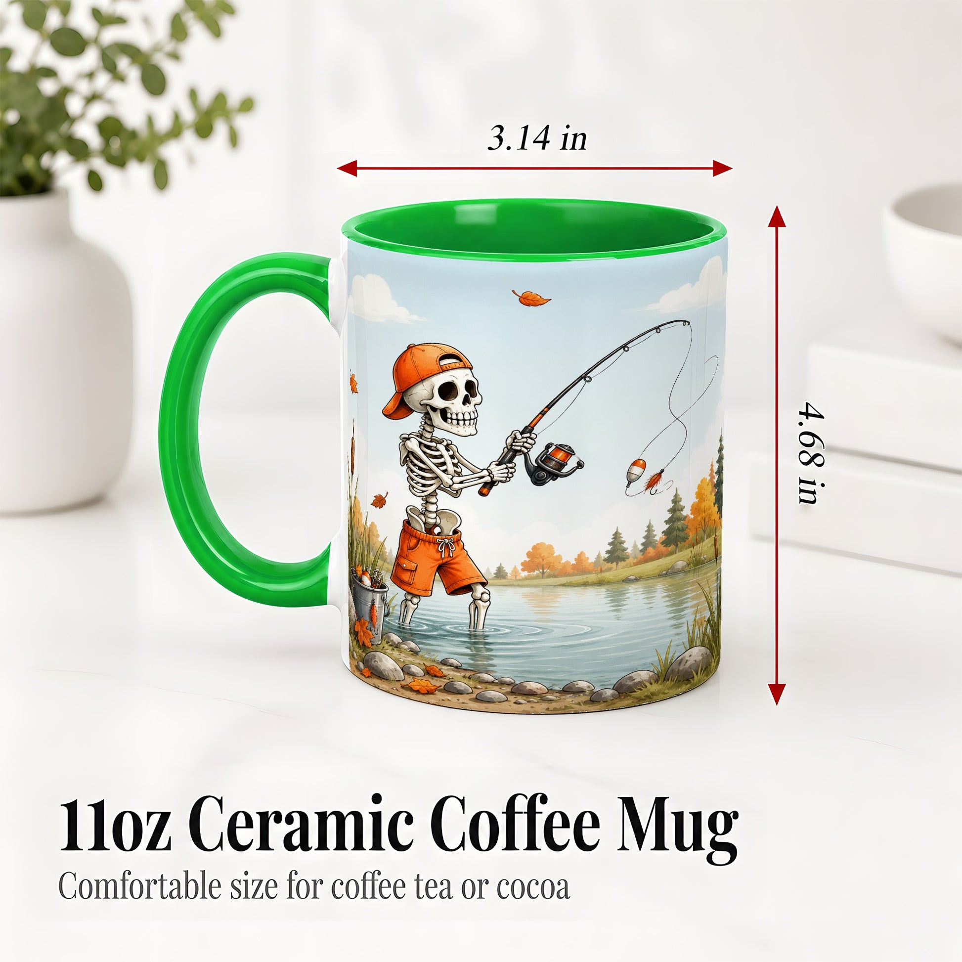 #pl[11oz|Green] Skeleton Fishing Ceramic Mug, Autumn Lake Art for Fishing Fans