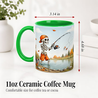 #pl[11oz|Green] Skeleton Fishing Ceramic Mug, Autumn Lake Art for Fishing Fans