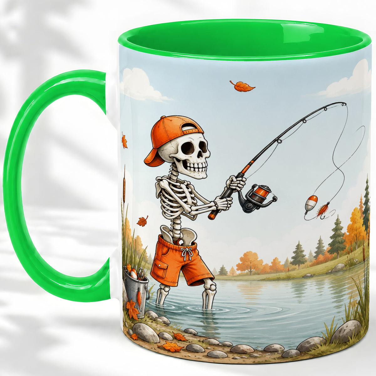 #pl[11oz|Green] Skeleton Fishing Ceramic Mug, Autumn Lake Art for Fishing Fans
