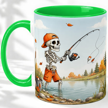 #pl[11oz|Green] Skeleton Fishing Ceramic Mug, Autumn Lake Art for Fishing Fans