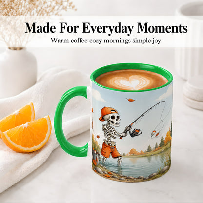 #pl[11oz|Green] Skeleton Fishing Ceramic Mug, Autumn Lake Art for Fishing Fans