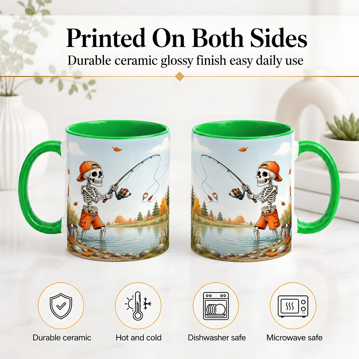 #pl[11oz|Green] Skeleton Fishing Ceramic Mug, Autumn Lake Art for Fishing Fans