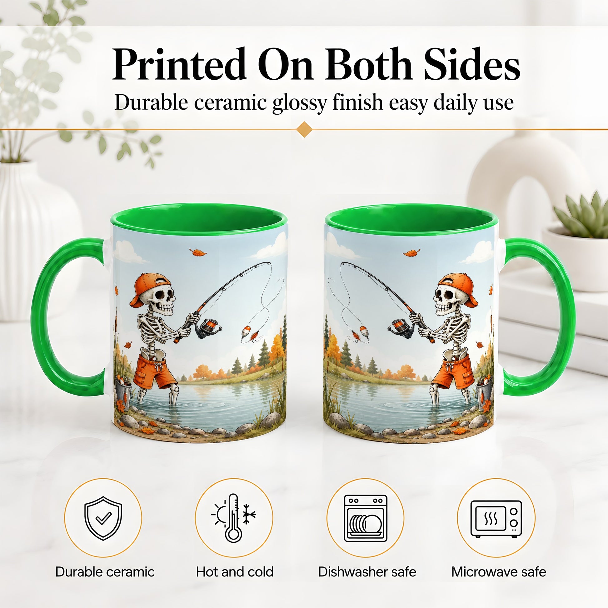 #pl[11oz|Green] Skeleton Fishing Ceramic Mug, Autumn Lake Art for Fishing Fans