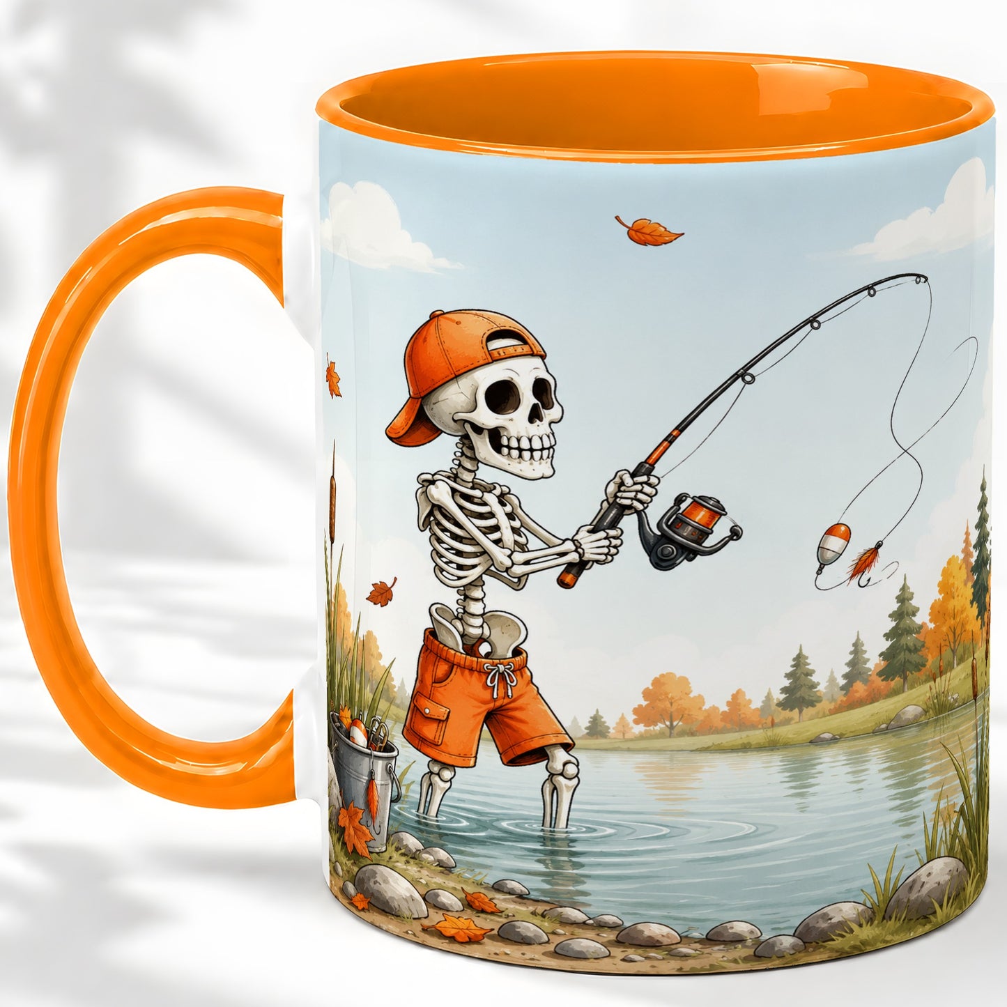 #pl[11oz|Orange] Skeleton Fishing Ceramic Mug, Autumn Lake Art for Fishing Fans