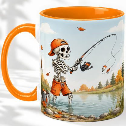 #pl[11oz|Orange] Skeleton Fishing Ceramic Mug, Autumn Lake Art for Fishing Fans