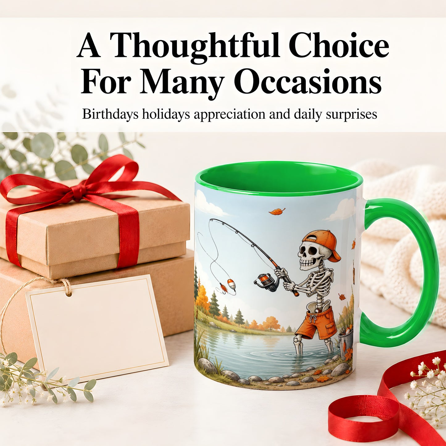 #pl[11oz|Green] Skeleton Fishing Ceramic Mug, Autumn Lake Art for Fishing Fans