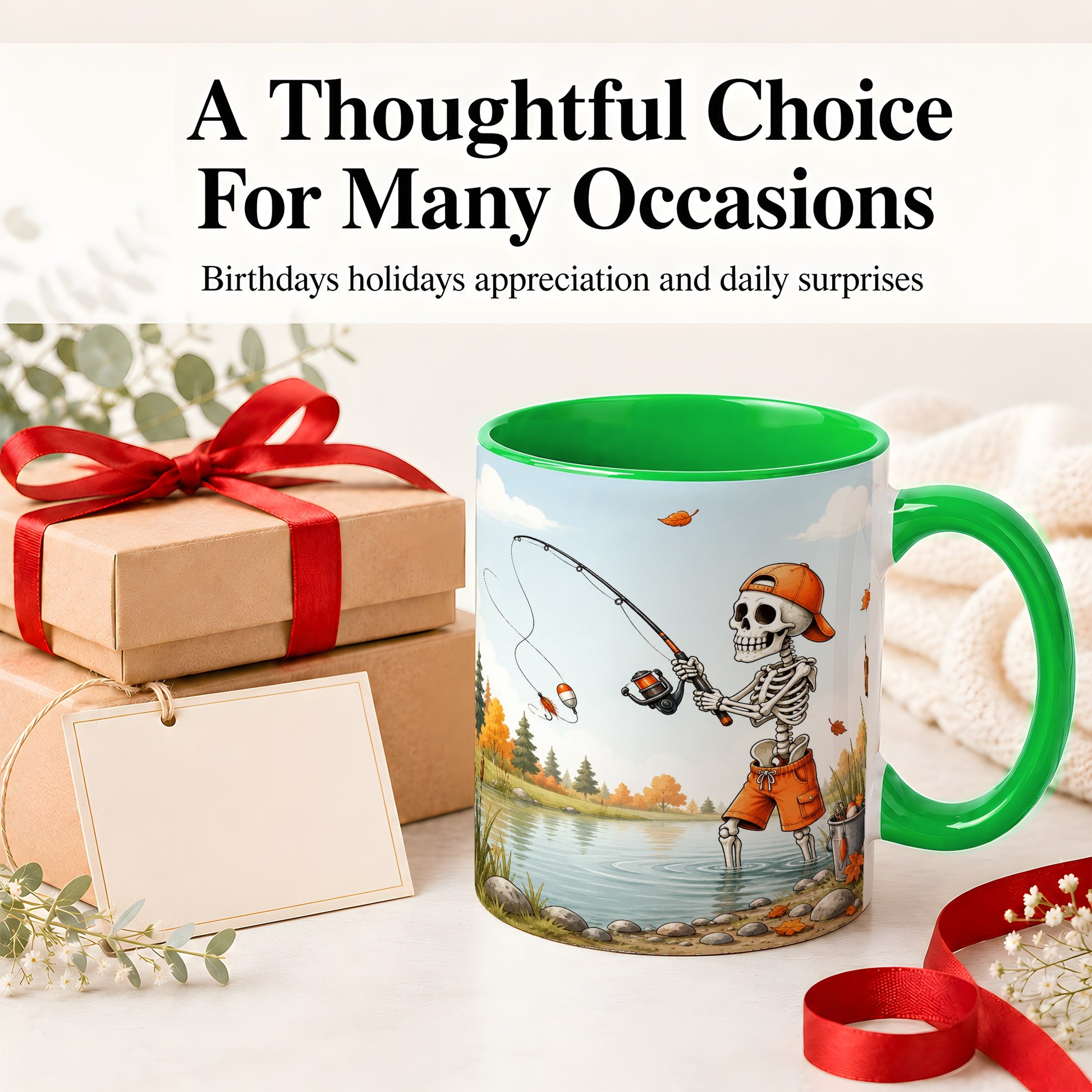 #pl[11oz|Green] Skeleton Fishing Ceramic Mug, Autumn Lake Art for Fishing Fans