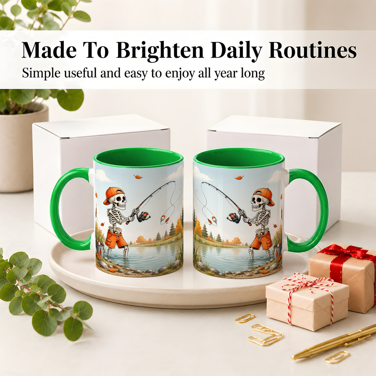#pl[11oz|Green] Skeleton Fishing Ceramic Mug, Autumn Lake Art for Fishing Fans