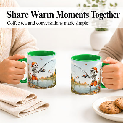 #pl[11oz|Green] Skeleton Fishing Ceramic Mug, Autumn Lake Art for Fishing Fans