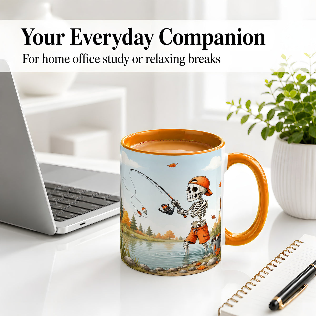 #pl[11oz|Orange] Skeleton Fishing Ceramic Mug, Autumn Lake Art for Fishing Fans