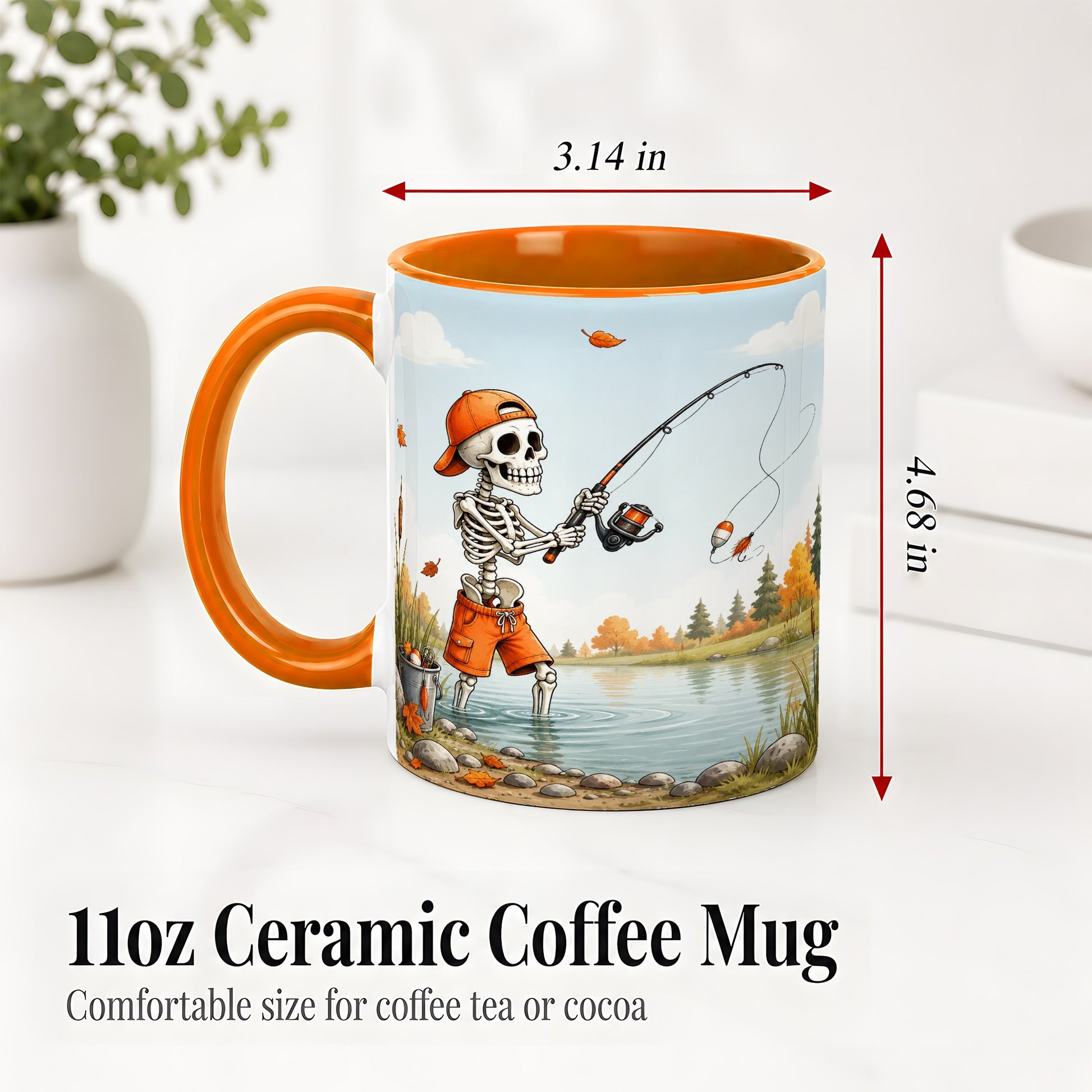 #pl[11oz|Orange] Skeleton Fishing Ceramic Mug, Autumn Lake Art for Fishing Fans